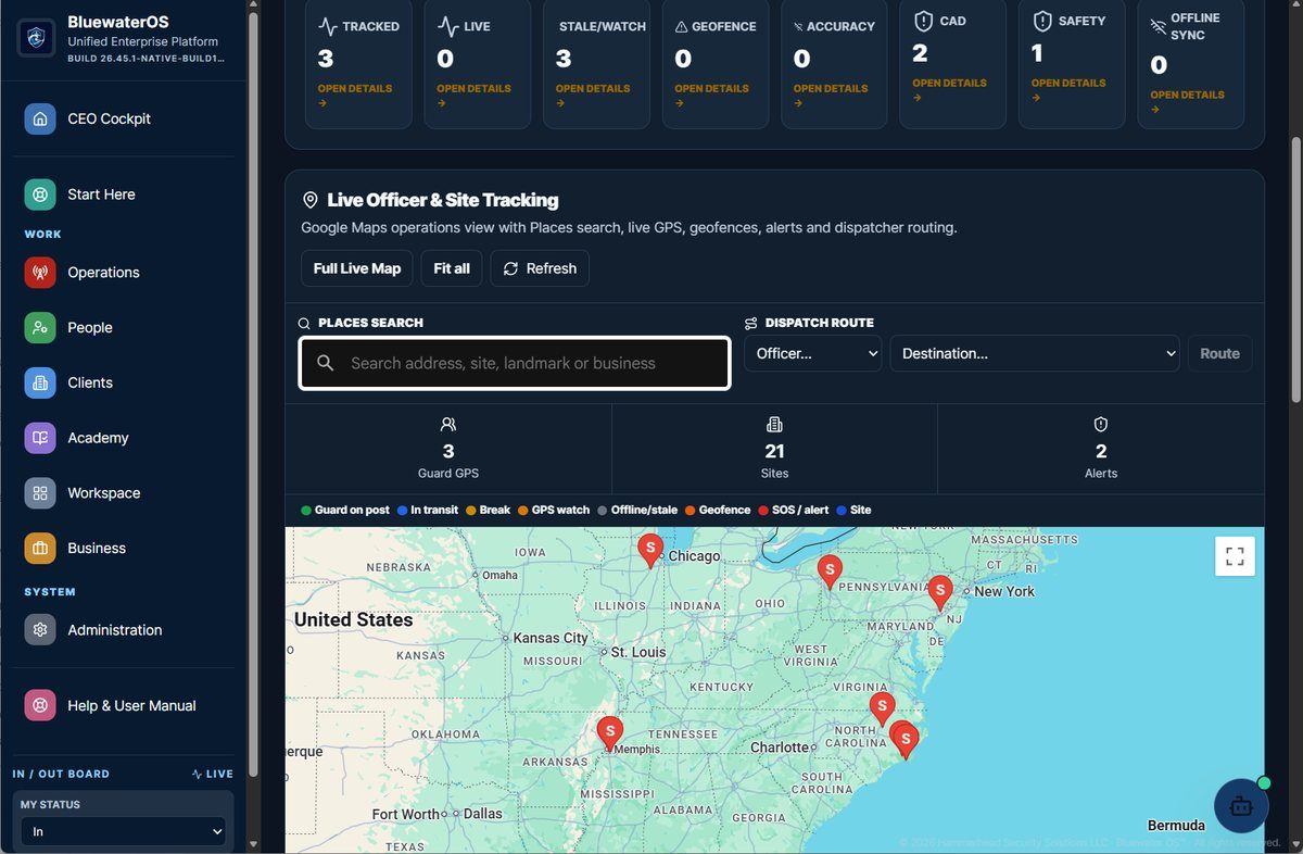 BluewaterOS live tracking interface